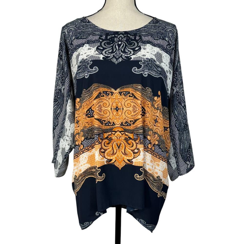 Alfani SZ 14 Top Geometric Hi-Low Hem 3/4 Dolman Sleeve Round Neck Navy Multi
